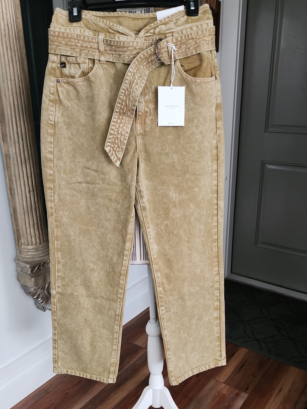 KanCan High-Waist Belted Straight Leg Pants - Tan